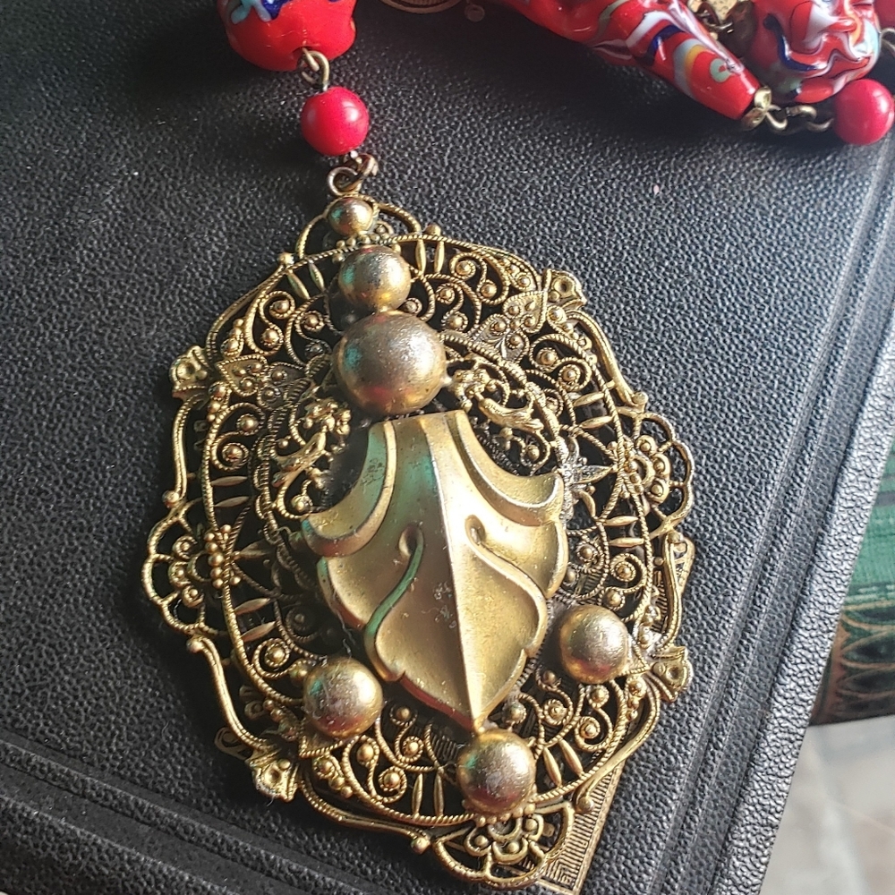True Art Deco Art Glass And Brass Necklace View 6
